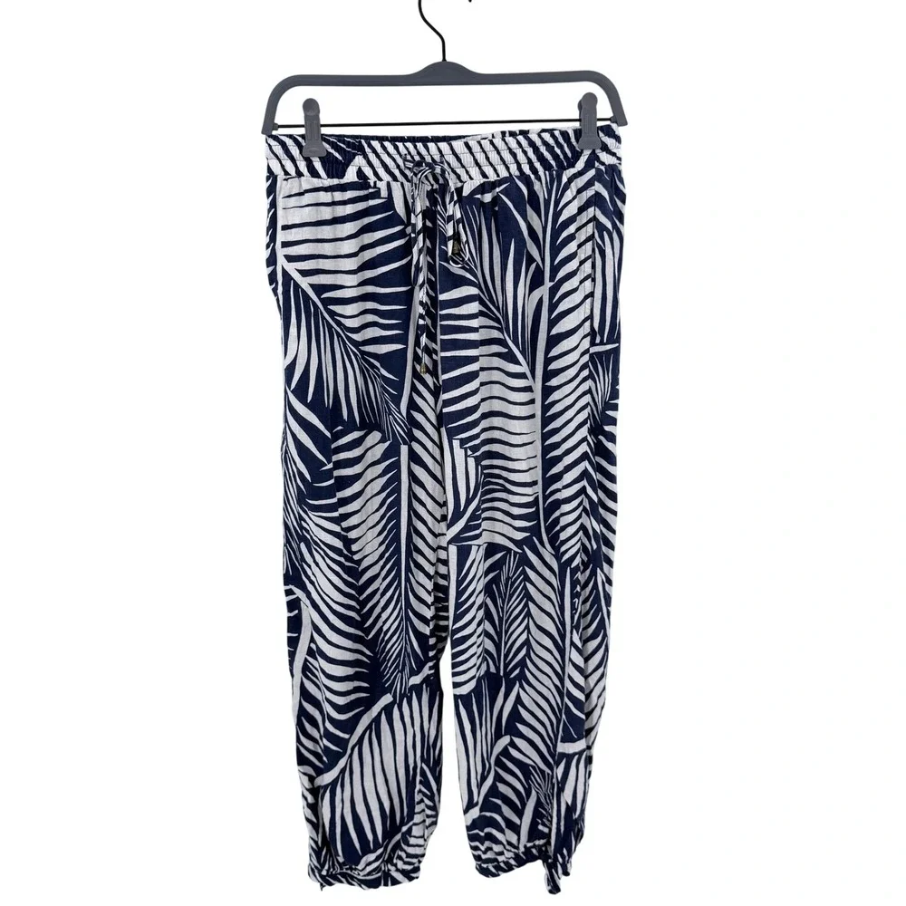 Kuana Jack Navy White Tropical Palm Leaf‎ Linen Blend Jogger Pants Small